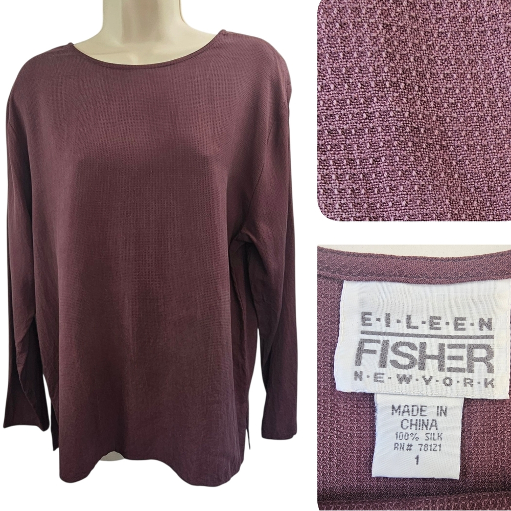 Eileen Fisher NY Textured Silk Bateau Neck Long Sleeve Merlot Lightweight Top